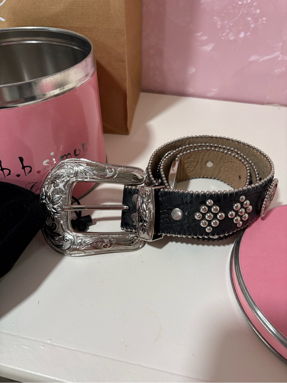 B.B. Simon Black Leather Studded Western Belt with Ornate Silver Buckle